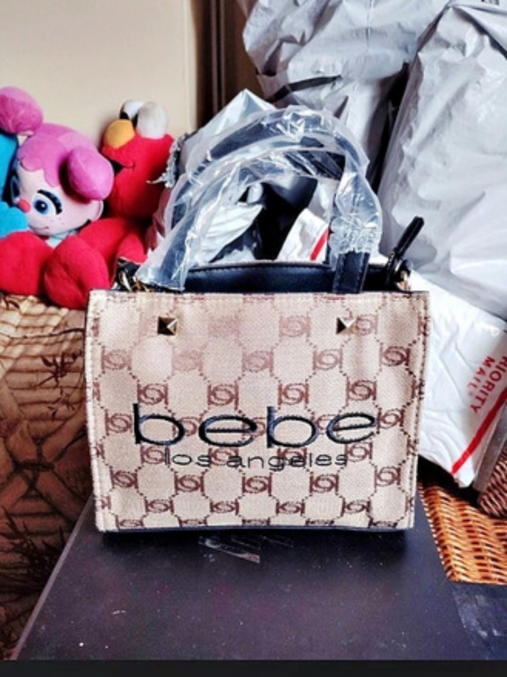Bebe Logo Satchel in Beige & Black NWT